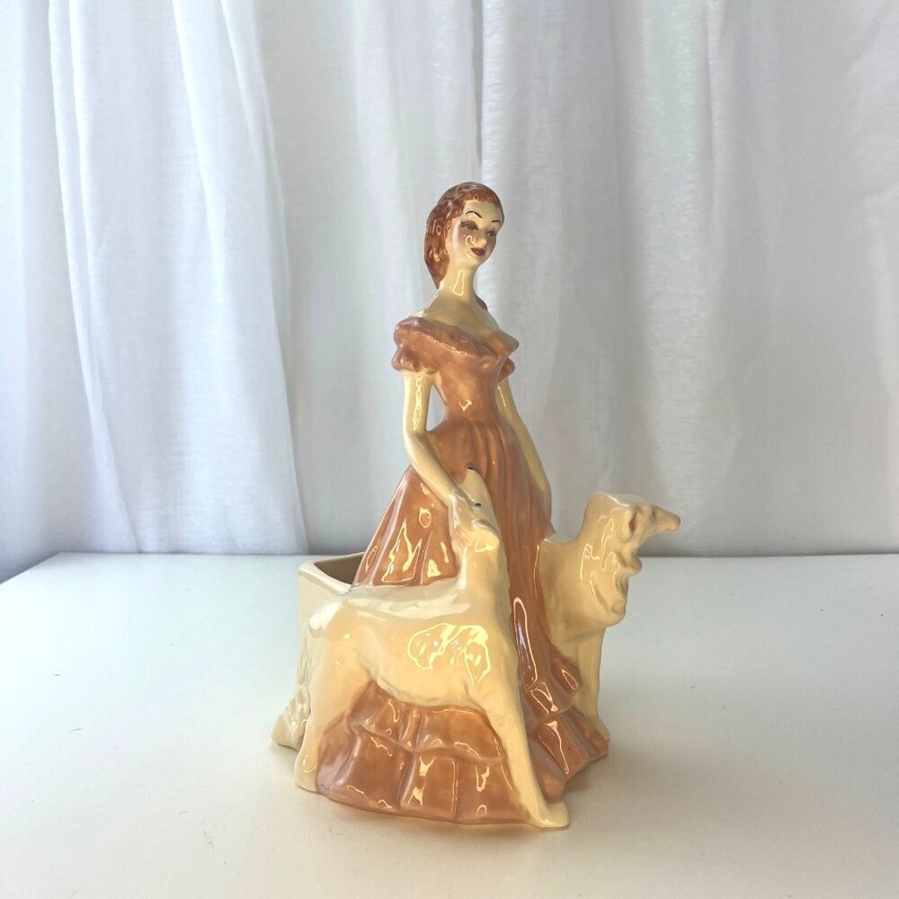 Brayton 1943 Lagua Victorian Lady Planter Vase Russian Wolfhound Borzoi Dogs - Picture 2 of 10